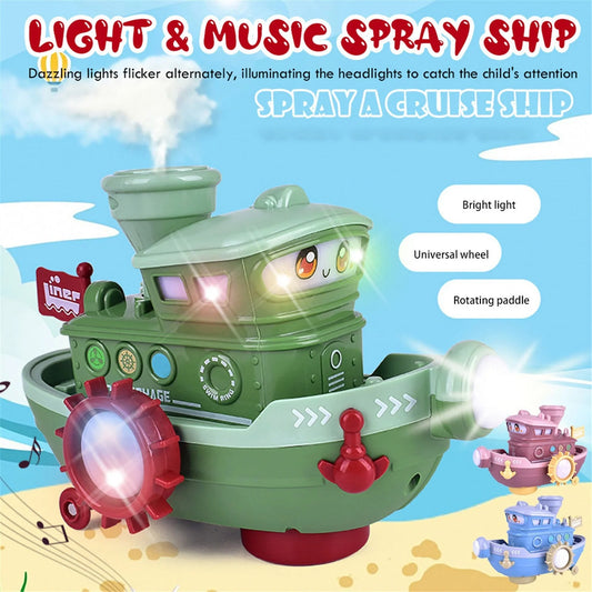 Electric water rotating spray ship toy in blue, green, and pink for baby bath time fun
