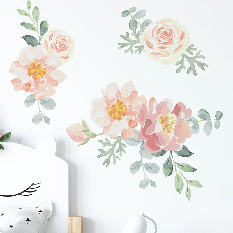Pink watercolour floral heart wall stickers for bedroom and nursery decor