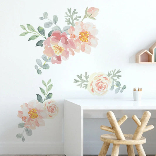 Pink watercolour floral heart wall stickers for bedroom and nursery decor