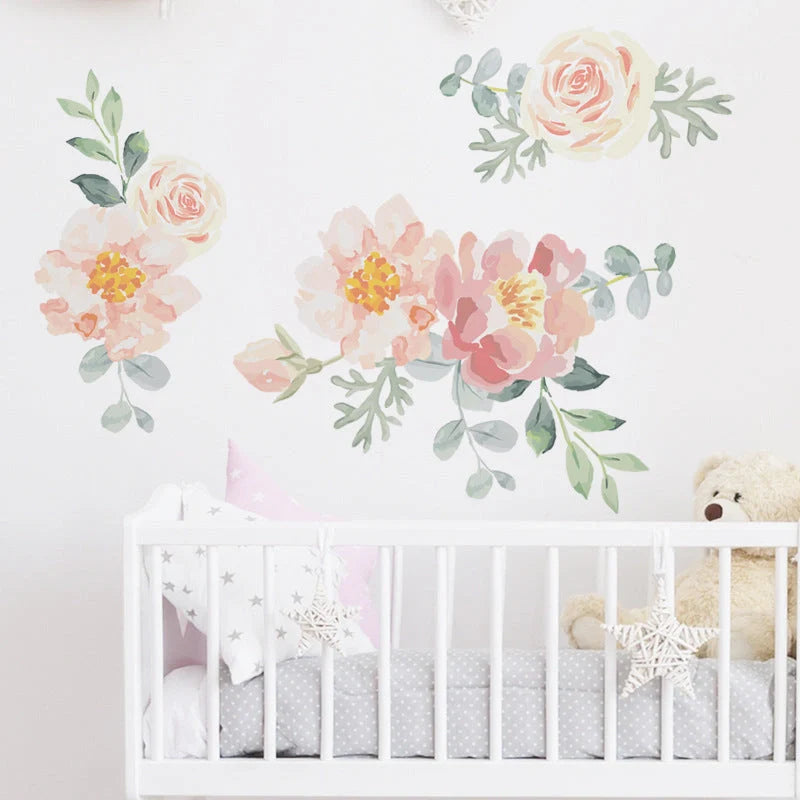 Pink watercolour floral heart wall stickers for bedroom and nursery decor