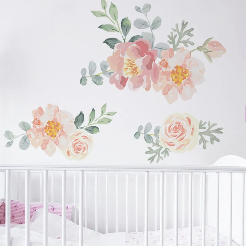Pink watercolour floral heart wall stickers for bedroom and nursery decor