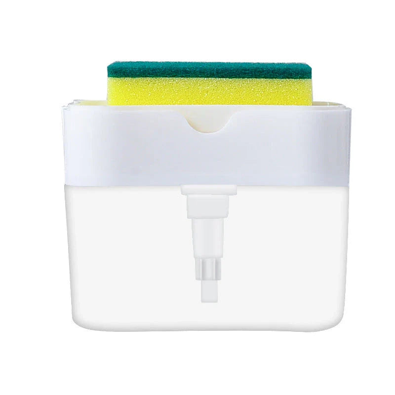 Sleek 2-in-1 soap dispenser and sponge caddy with push-button operation, modern design, and large 380ml capacity
