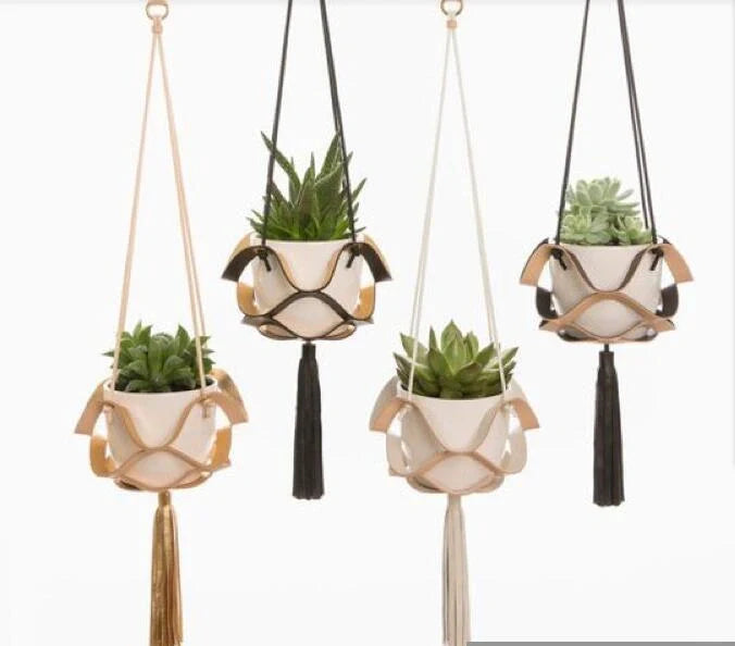 Handwoven cotton rope and PU leather wall hanging planter for small plants