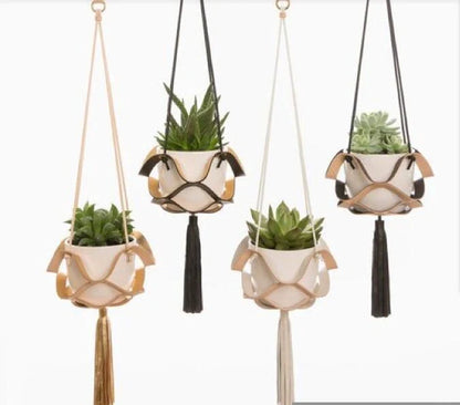 Handwoven cotton rope and PU leather wall hanging planter for small plants