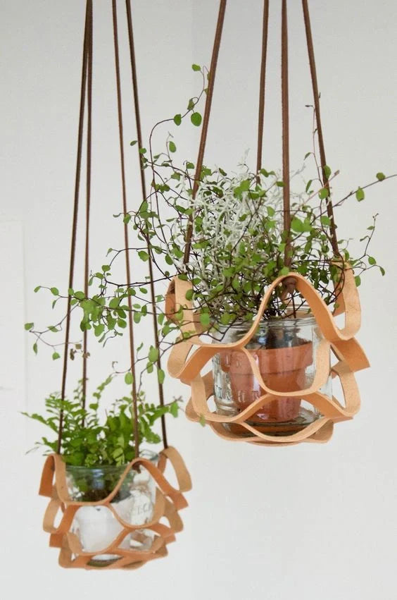 Handwoven cotton rope and PU leather wall hanging planter for small plants
