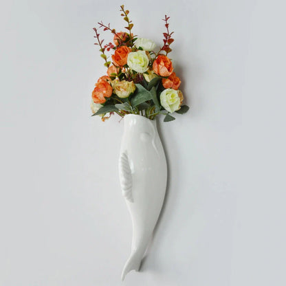 Modern ceramic goldfish vase wall hanging in white, three-dimensional design