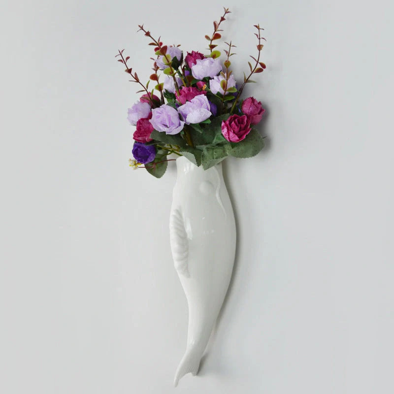 Modern ceramic goldfish vase wall hanging in white, three-dimensional design