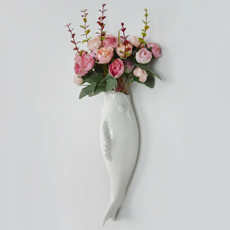 Modern ceramic goldfish vase wall hanging in white, three-dimensional design