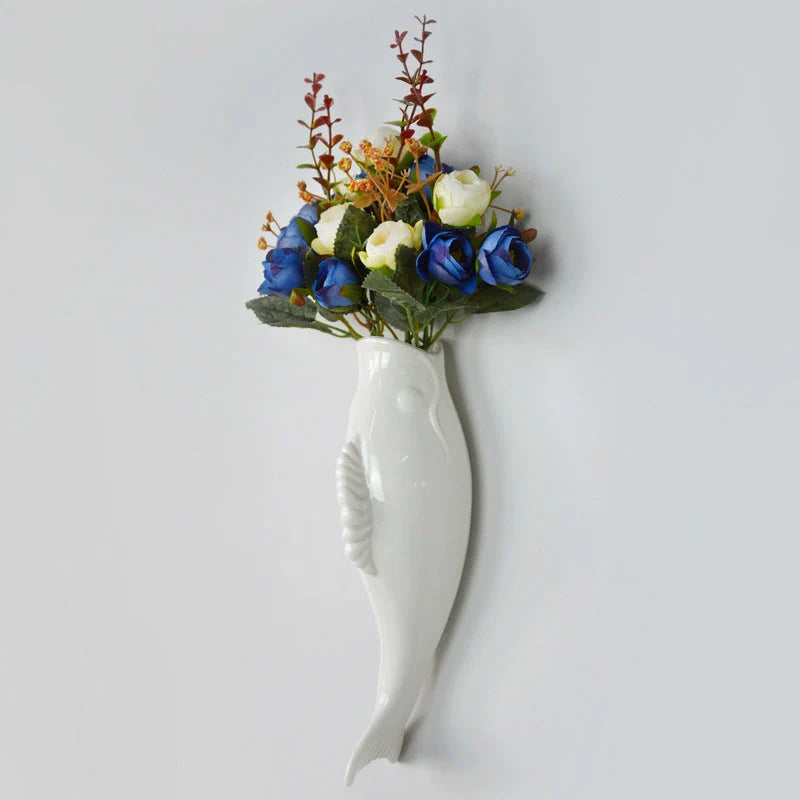 Modern ceramic goldfish vase wall hanging in white, three-dimensional design