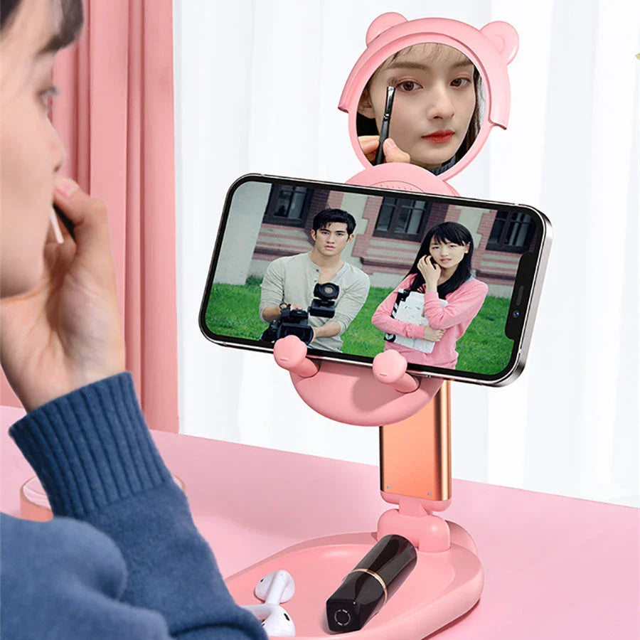 Premium Adjustable Desk Phone Stand with Mirror for iPhones and Tablets - Holds Devices up to 12.9 Inches, Adjustable Angle, Integrated Mirror