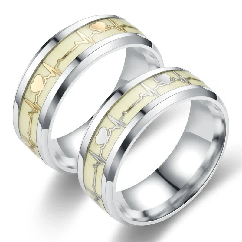 Stainless Steel Luminous Heartbeat Ring with ECG design in gold or silver flakes