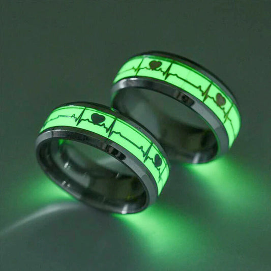 Stainless Steel Luminous Heartbeat Ring with ECG design in gold or silver flakes