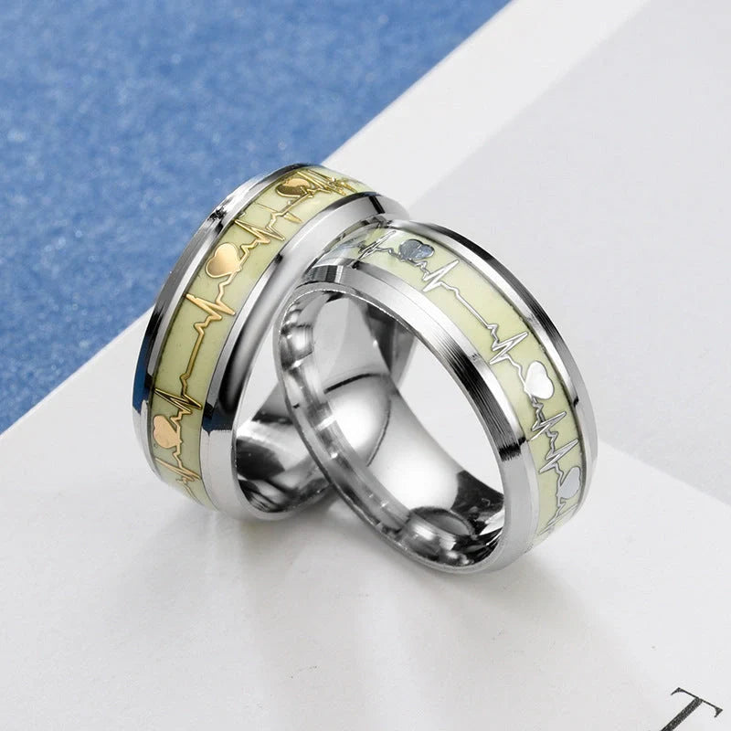Stainless Steel Luminous Heartbeat Ring with ECG design in gold or silver flakes