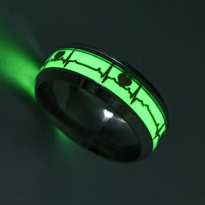 Stainless Steel Luminous Heartbeat Ring with ECG design in gold or silver flakes