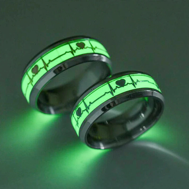 Stainless Steel Luminous Heartbeat Ring with ECG design in gold or silver flakes