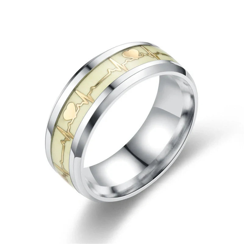 Stainless Steel Luminous Heartbeat Ring with ECG design in gold or silver flakes