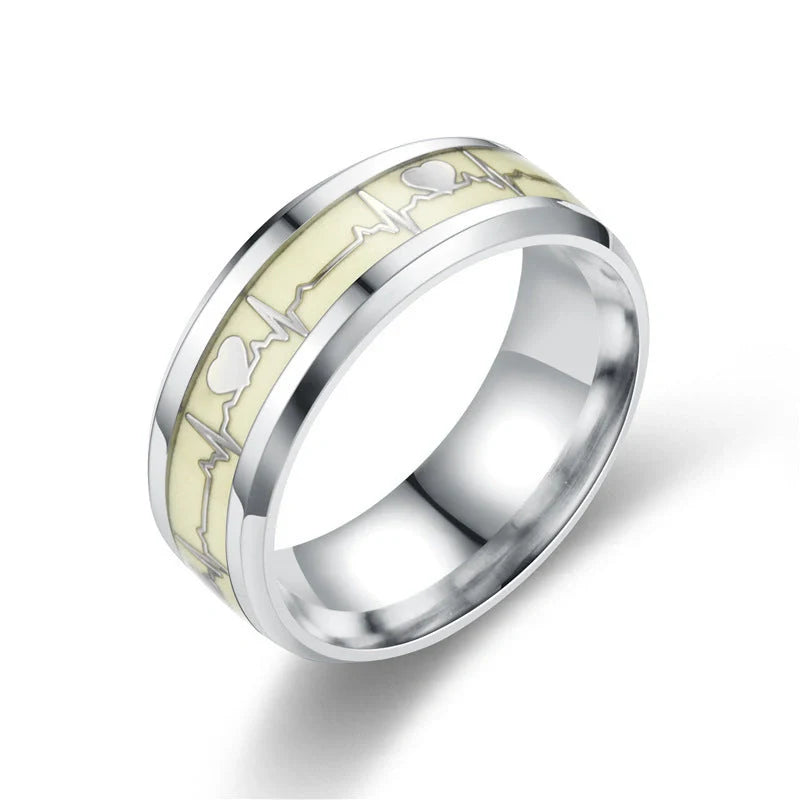 Stainless Steel Luminous Heartbeat Ring with ECG design in gold or silver flakes