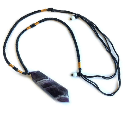 A natural amethyst double-pointed crystal pendant with unique iridescent lines and captivating hues, handcrafted from genuine fluorite quartz.