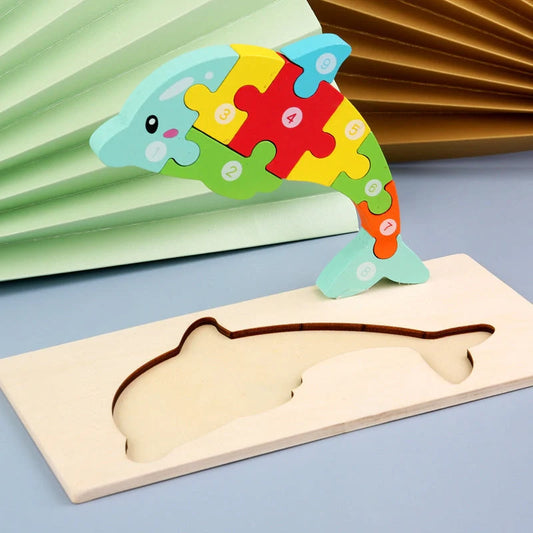 Wooden animal number puzzle for children, educational toy with vibrant colours