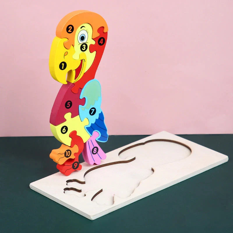 Wooden animal number puzzle for children, educational toy with vibrant colours