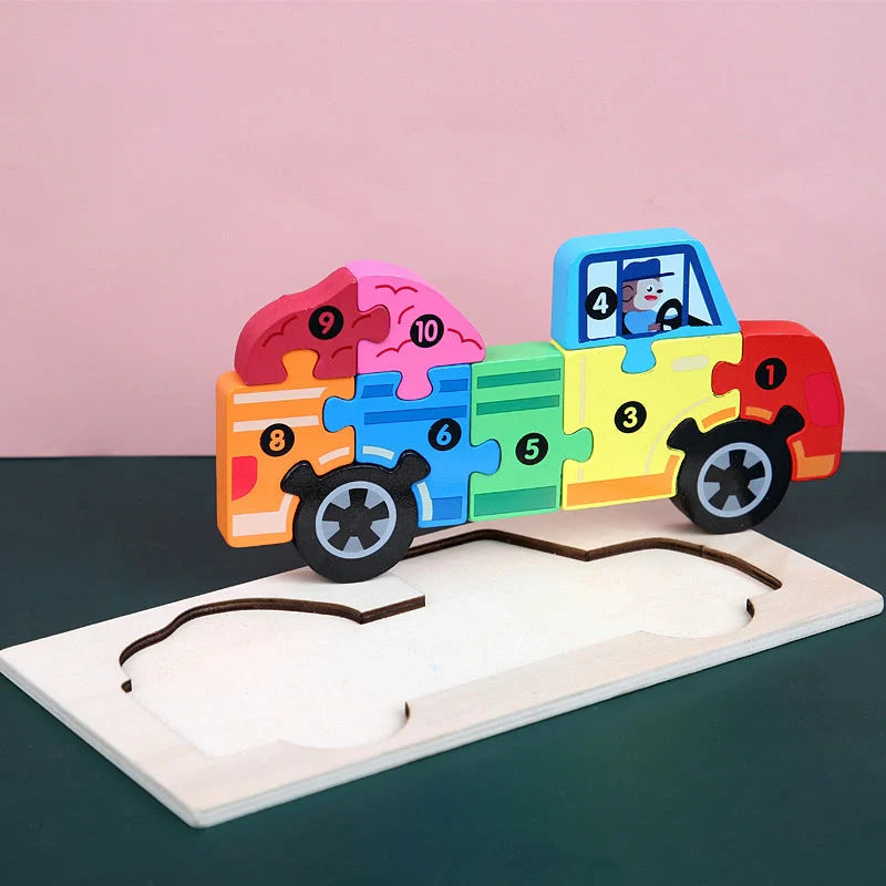 Wooden animal number puzzle for children, educational toy with vibrant colours