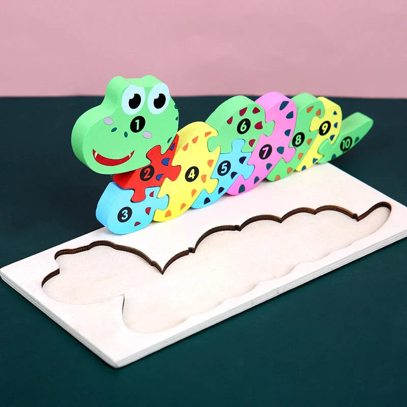Wooden animal number puzzle for children, educational toy with vibrant colours