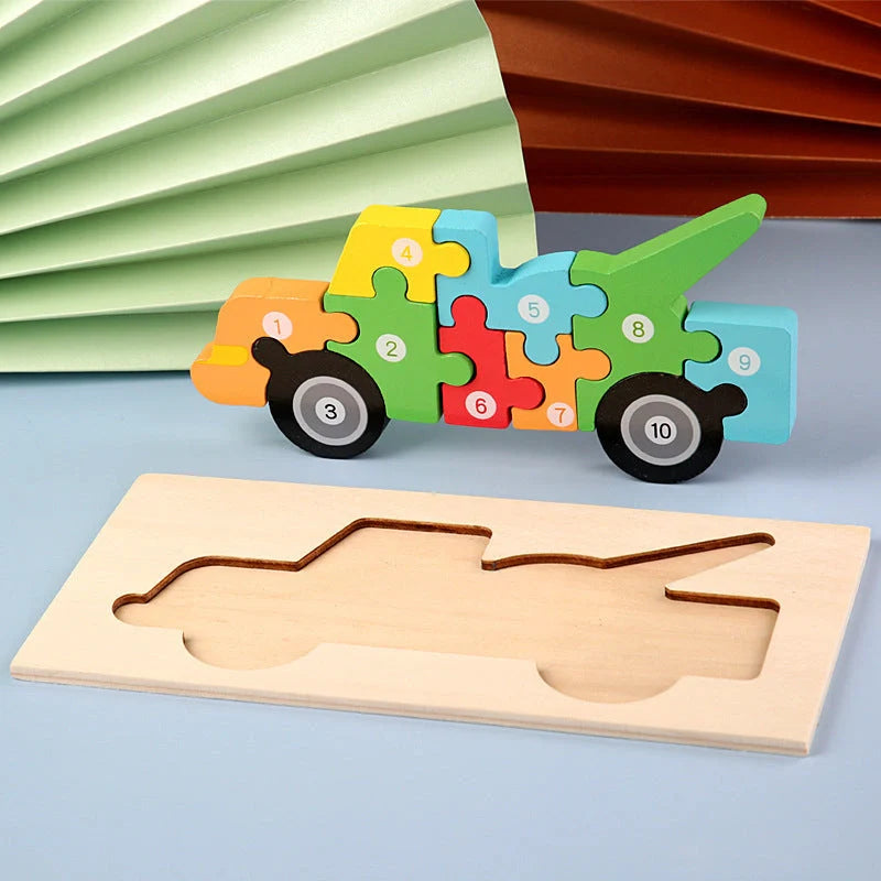 Wooden animal number puzzle for children, educational toy with vibrant colours
