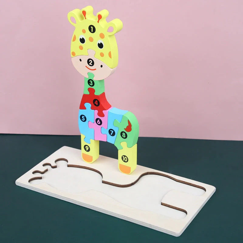 Wooden animal number puzzle for children, educational toy with vibrant colours