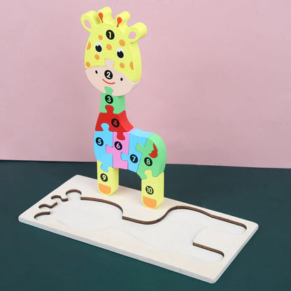 Wooden animal number puzzle for children, educational toy with vibrant colours