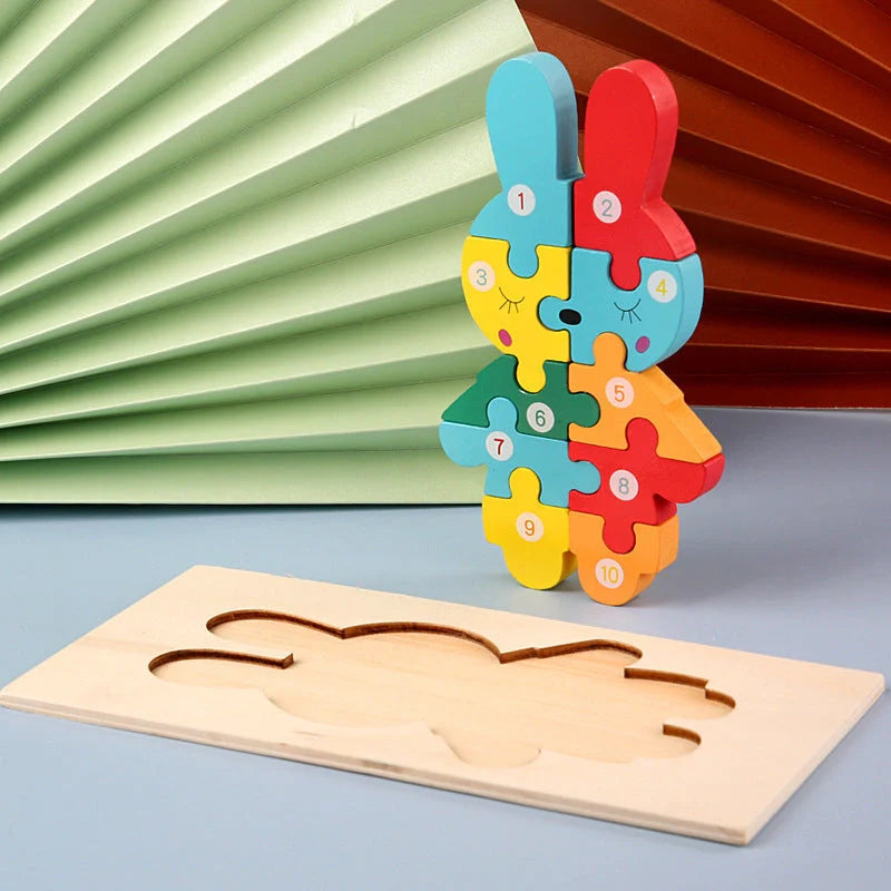 Wooden animal number puzzle for children, educational toy with vibrant colours