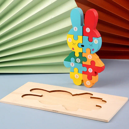 Wooden animal number puzzle for children, educational toy with vibrant colours