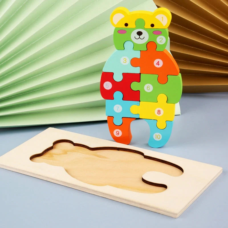 Wooden animal number puzzle for children, educational toy with vibrant colours