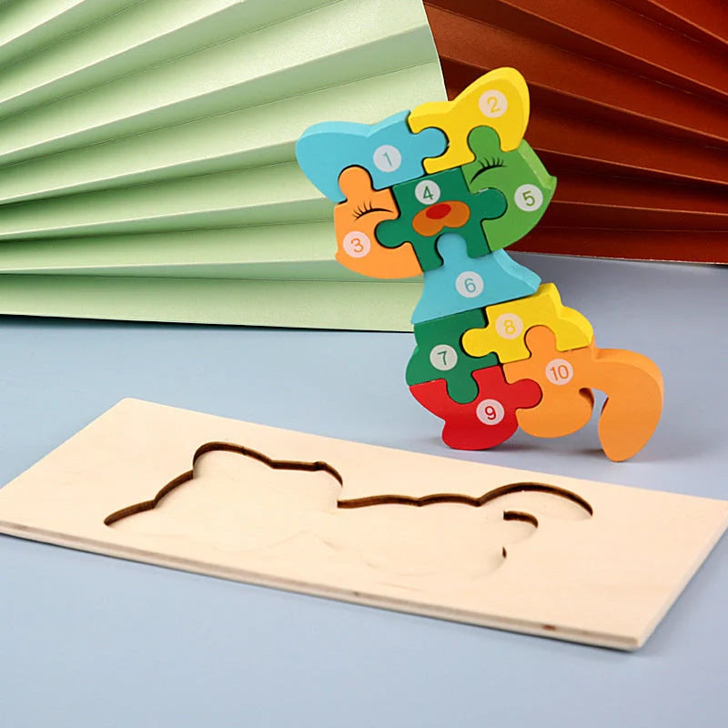 Wooden animal number puzzle for children, educational toy with vibrant colours