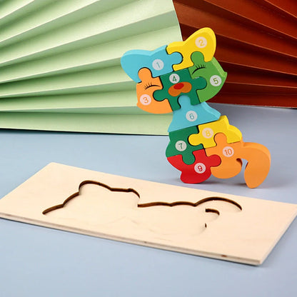 Wooden animal number puzzle for children, educational toy with vibrant colours