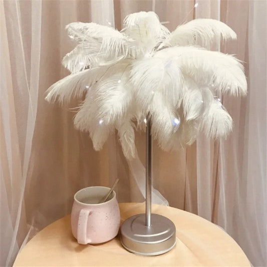 Elegant feather table lamp with remote control, USB, and battery power options