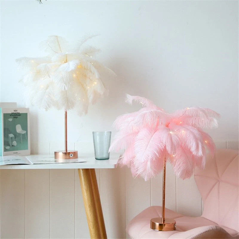 Elegant feather table lamp with remote control, USB, and battery power options