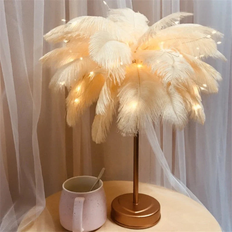 Elegant feather table lamp with remote control, USB, and battery power options