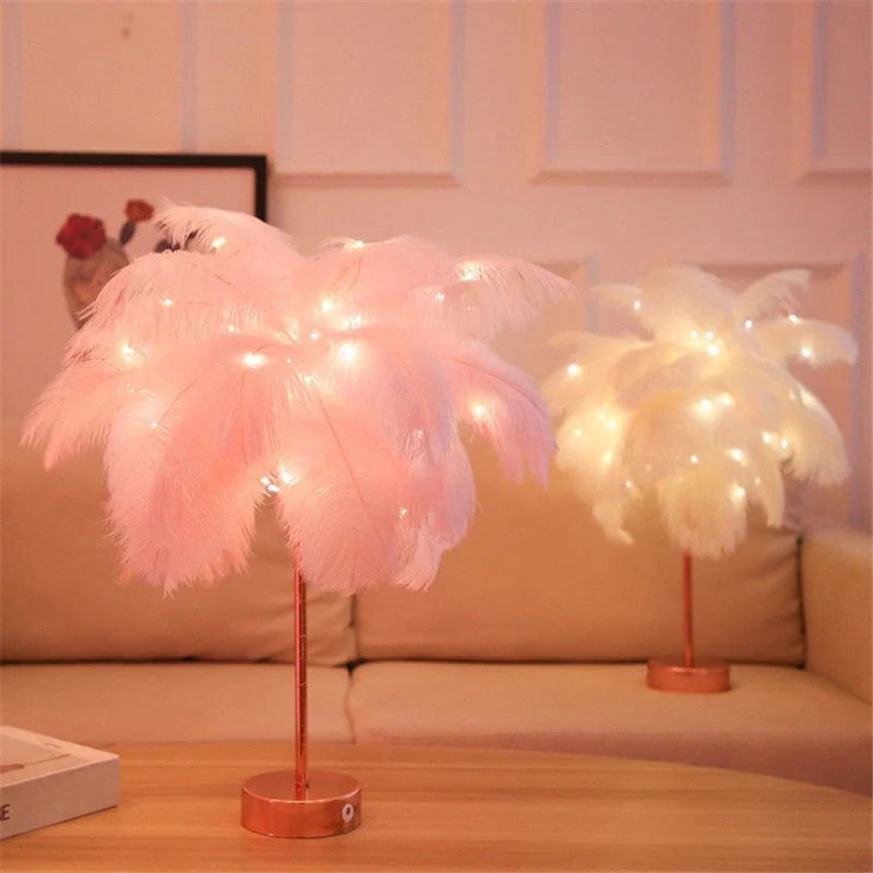 Elegant feather table lamp with remote control, USB, and battery power options