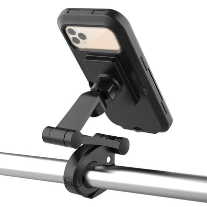 Waterproof mobile phone stand for bicycles and motorcycles with adjustable angle and secure magnet hold