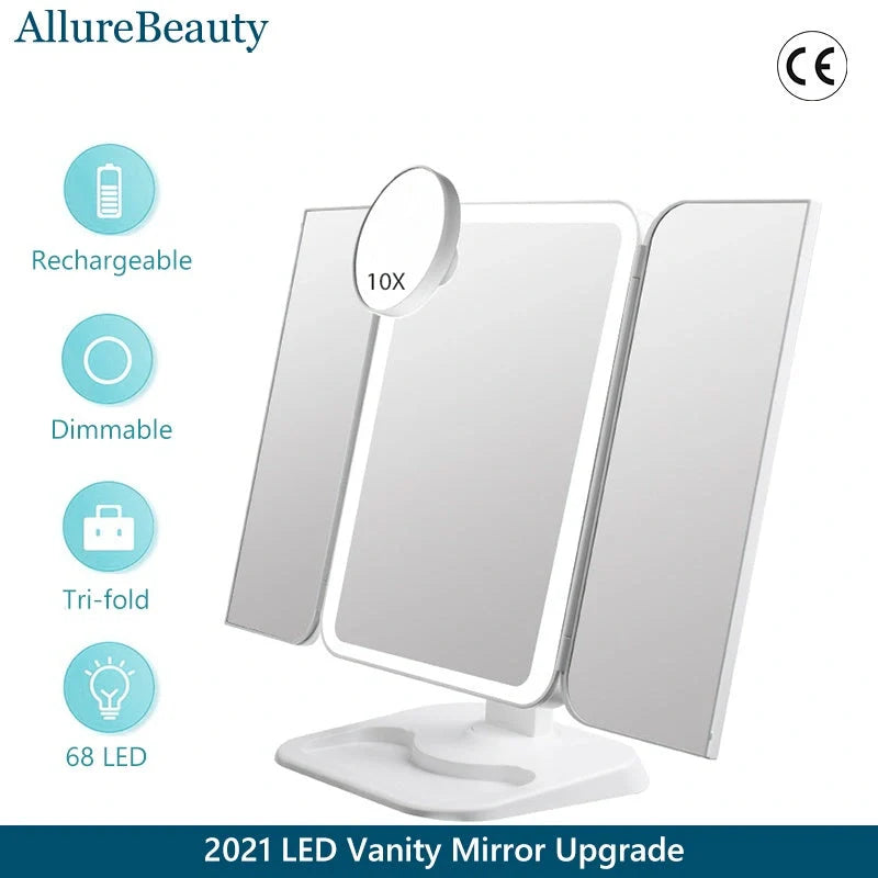 Trifold makeup mirror with LED lighting and 10X magnification