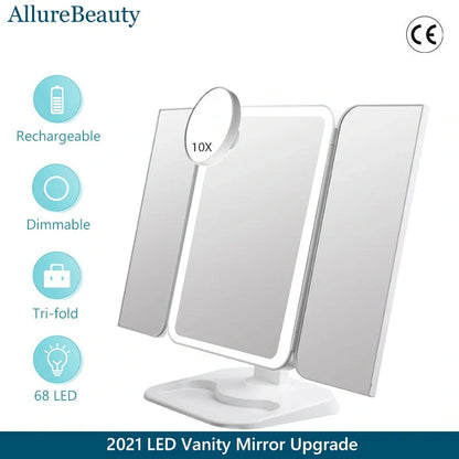 Trifold makeup mirror with LED lighting and 10X magnification