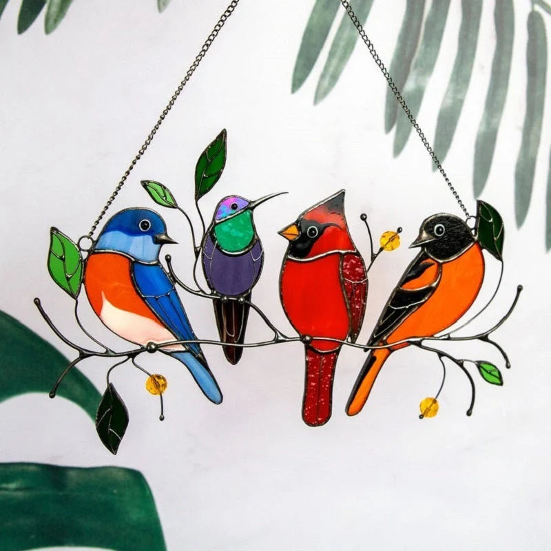 Hand-cut acrylic small bird painted window decoration in vibrant colours