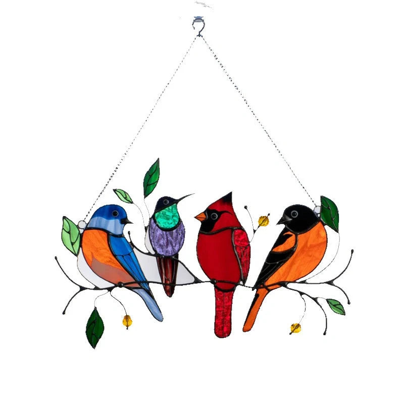Hand-cut acrylic small bird painted window decoration in vibrant colours