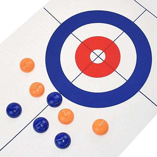 Compact shuffleboard and curling game table with smooth 47-inch playing surface and 8 rolling stones in blue and orange
