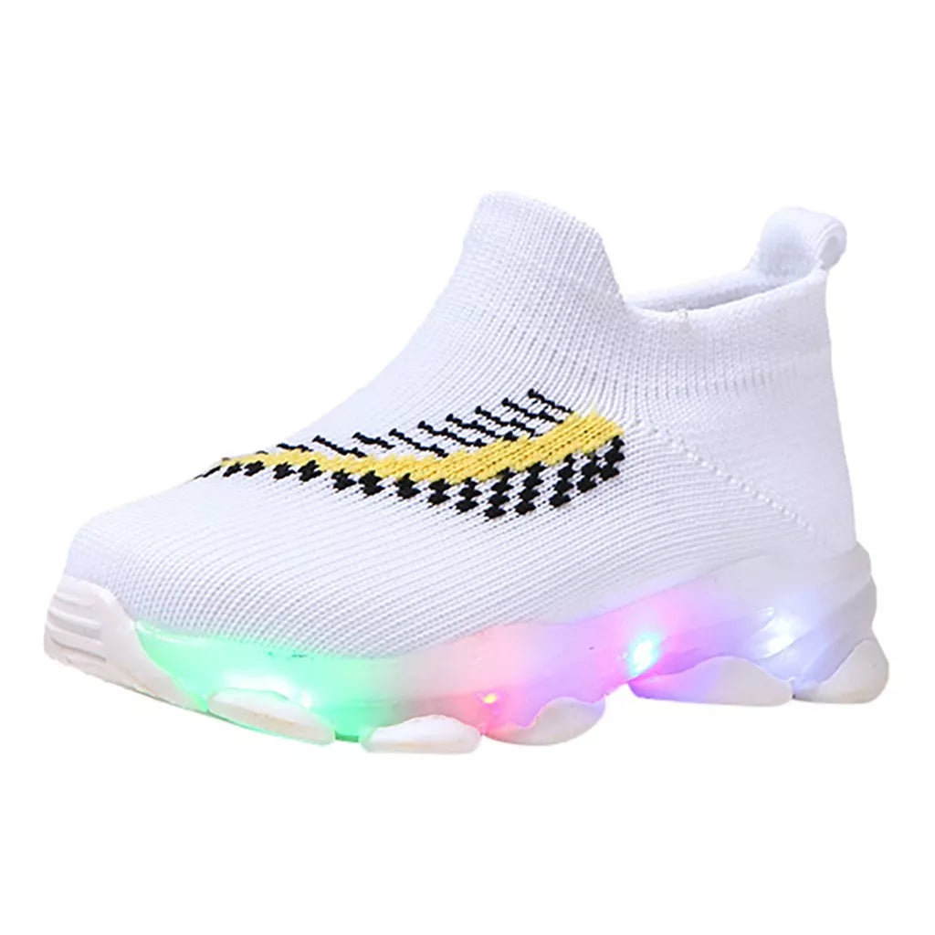 Sensor Light LED Socks Shoes for toddlers and children in pink, black, and white