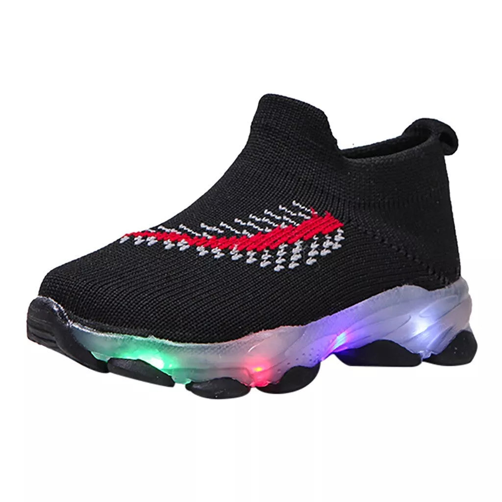 Sensor Light LED Socks Shoes for toddlers and children in pink, black, and white