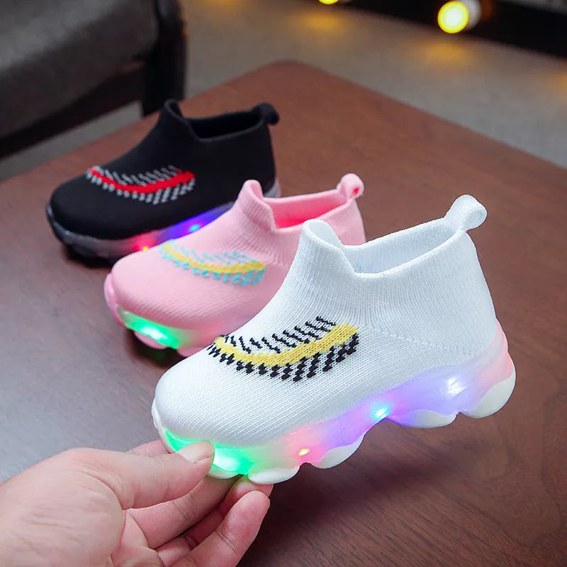 Sensor Light LED Socks Shoes for toddlers and children in pink, black, and white