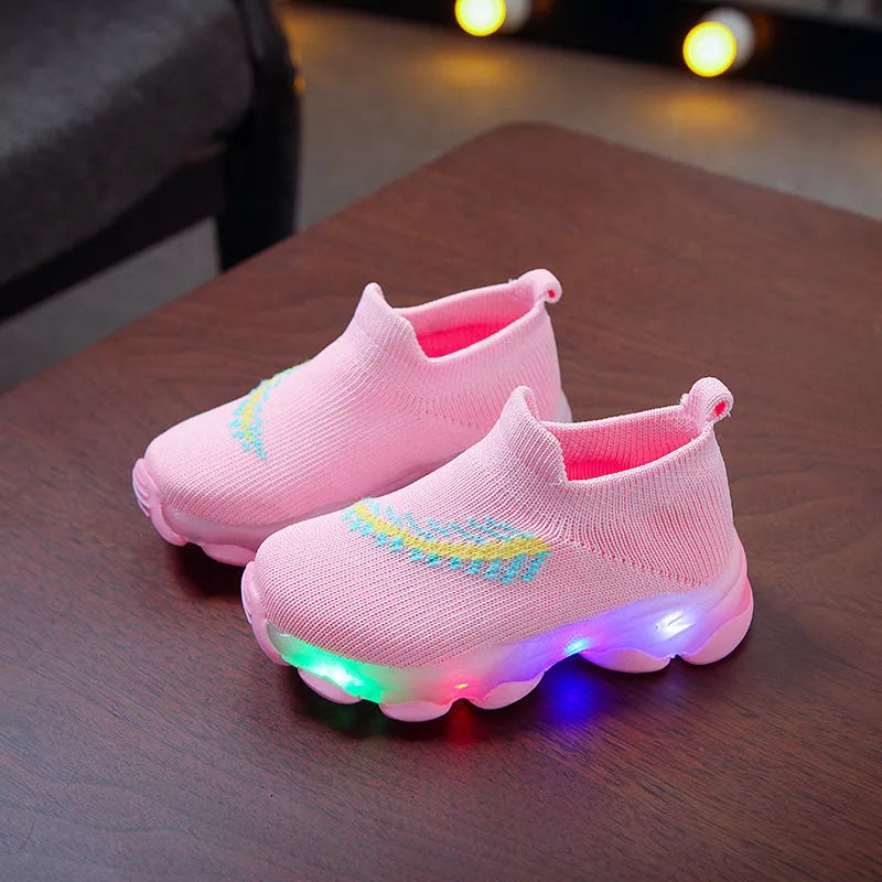 Sensor Light LED Socks Shoes for toddlers and children in pink, black, and white