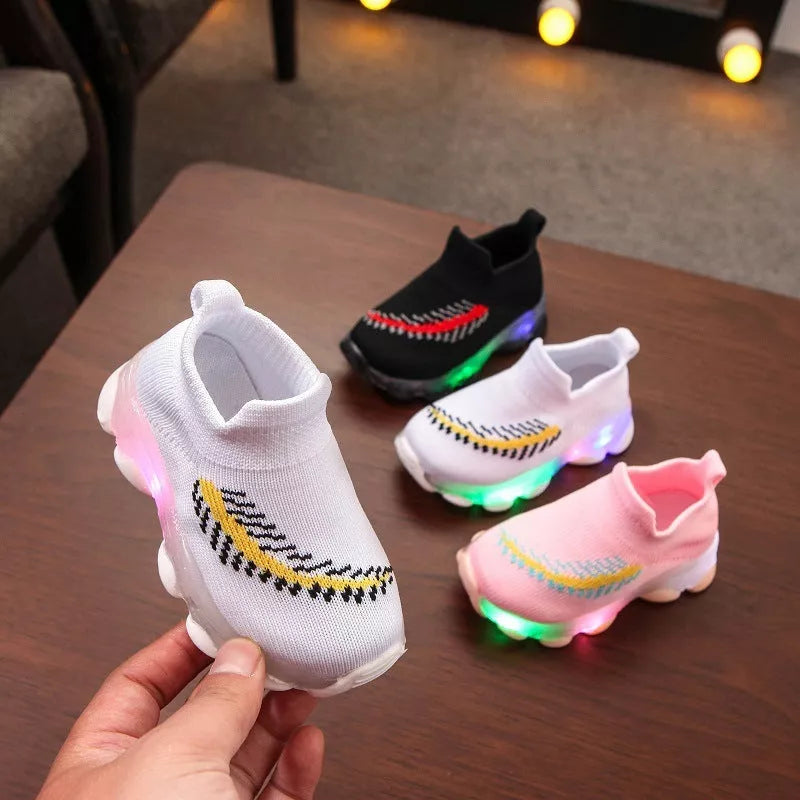 Sensor Light LED Socks Shoes for toddlers and children in pink, black, and white