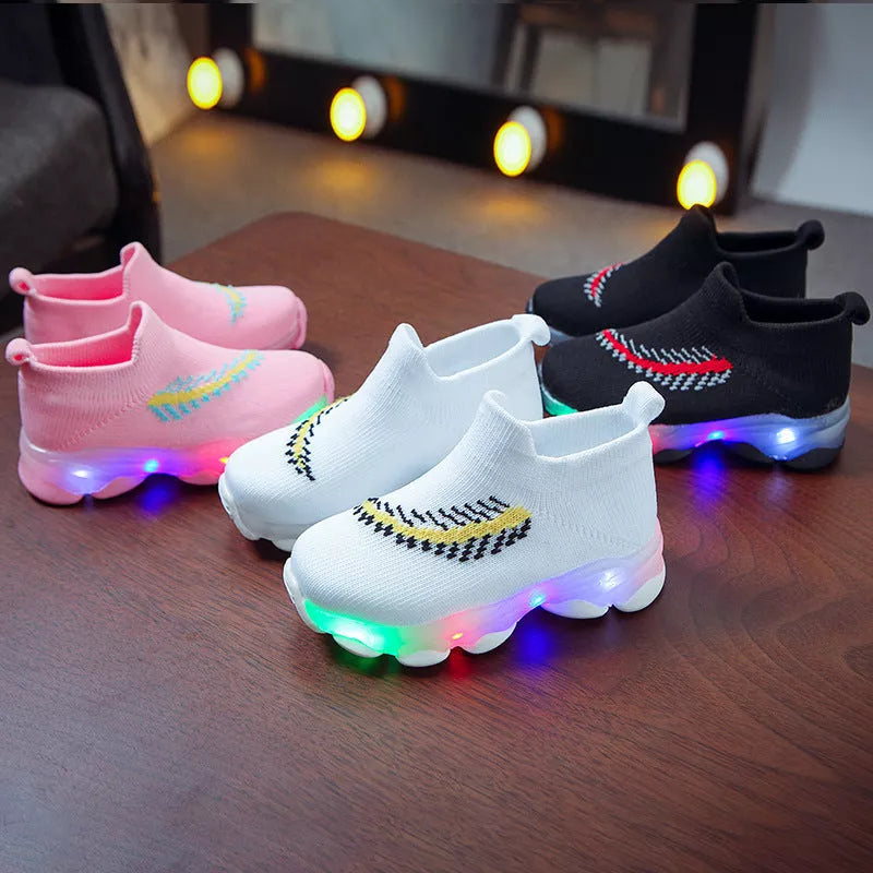 Sensor Light LED Socks Shoes for toddlers and children in pink, black, and white